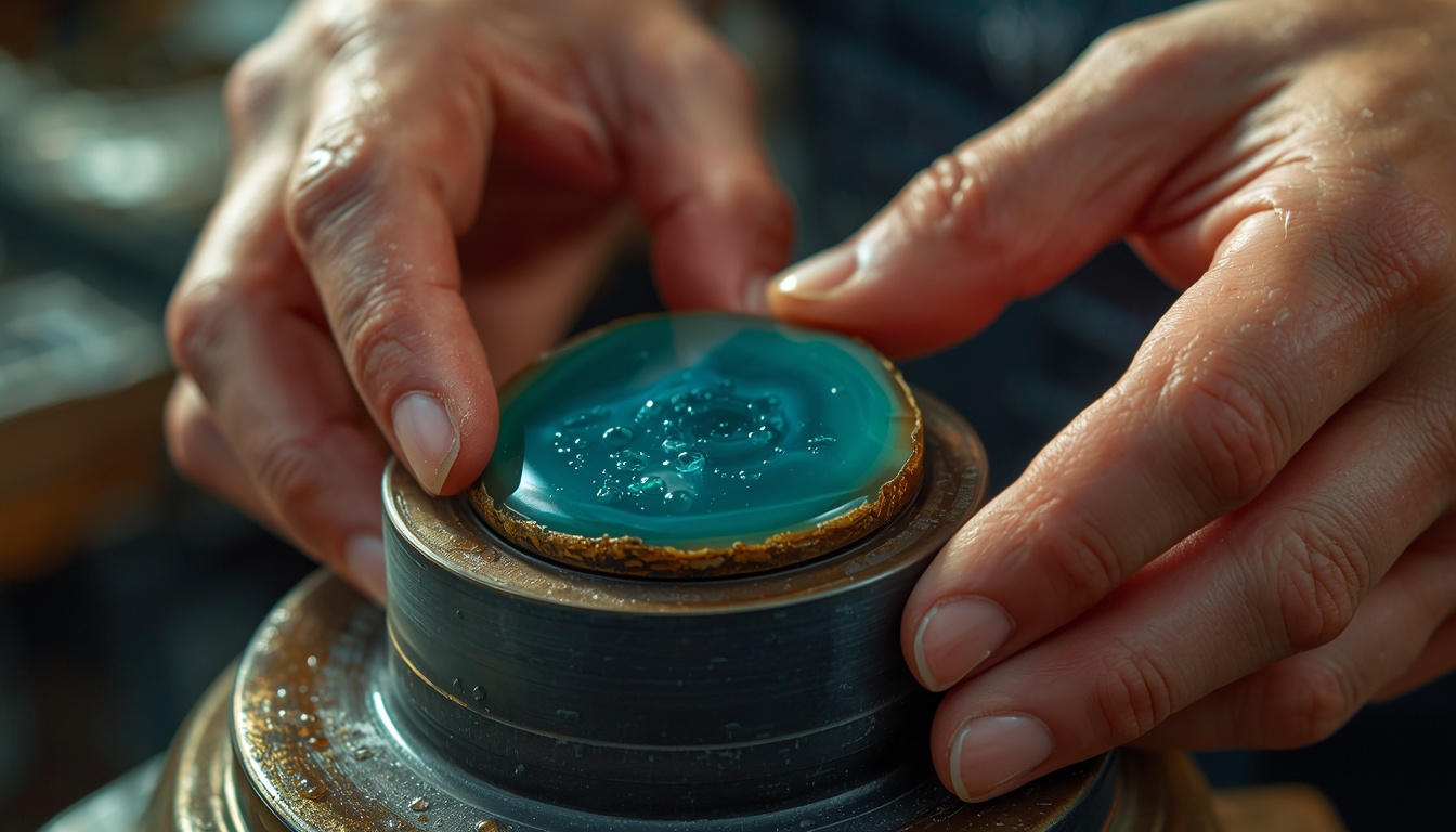 Rockhound polishing a cabochon using lapidary equipment from Lapidary Hub